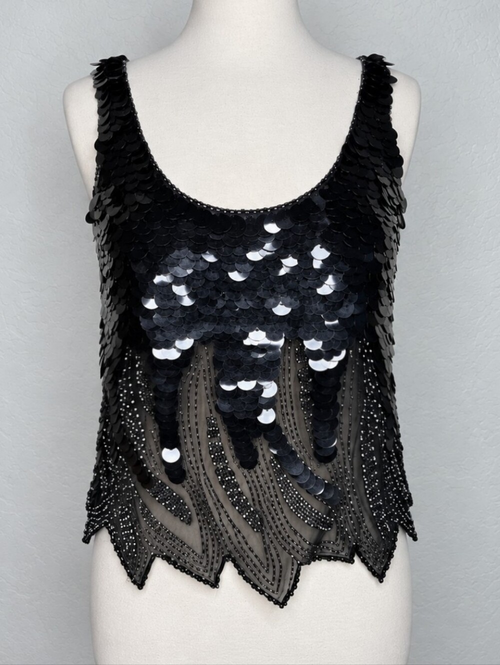 VINTAGE 80s/90s Oleg Cassini Black Sequin Beaded Top Evening Party - Size M